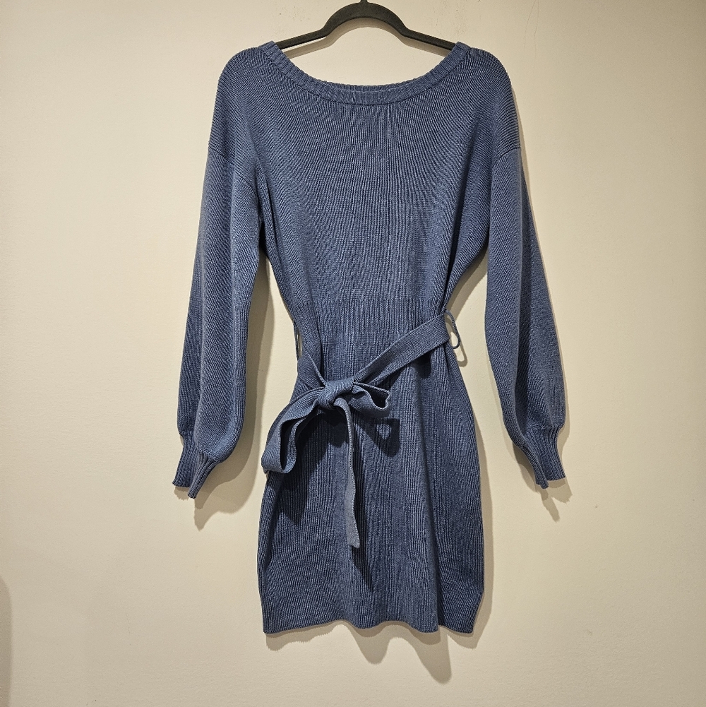 Vici Light Blue Knit Sweater Dress With Tie Waist, Size Medium